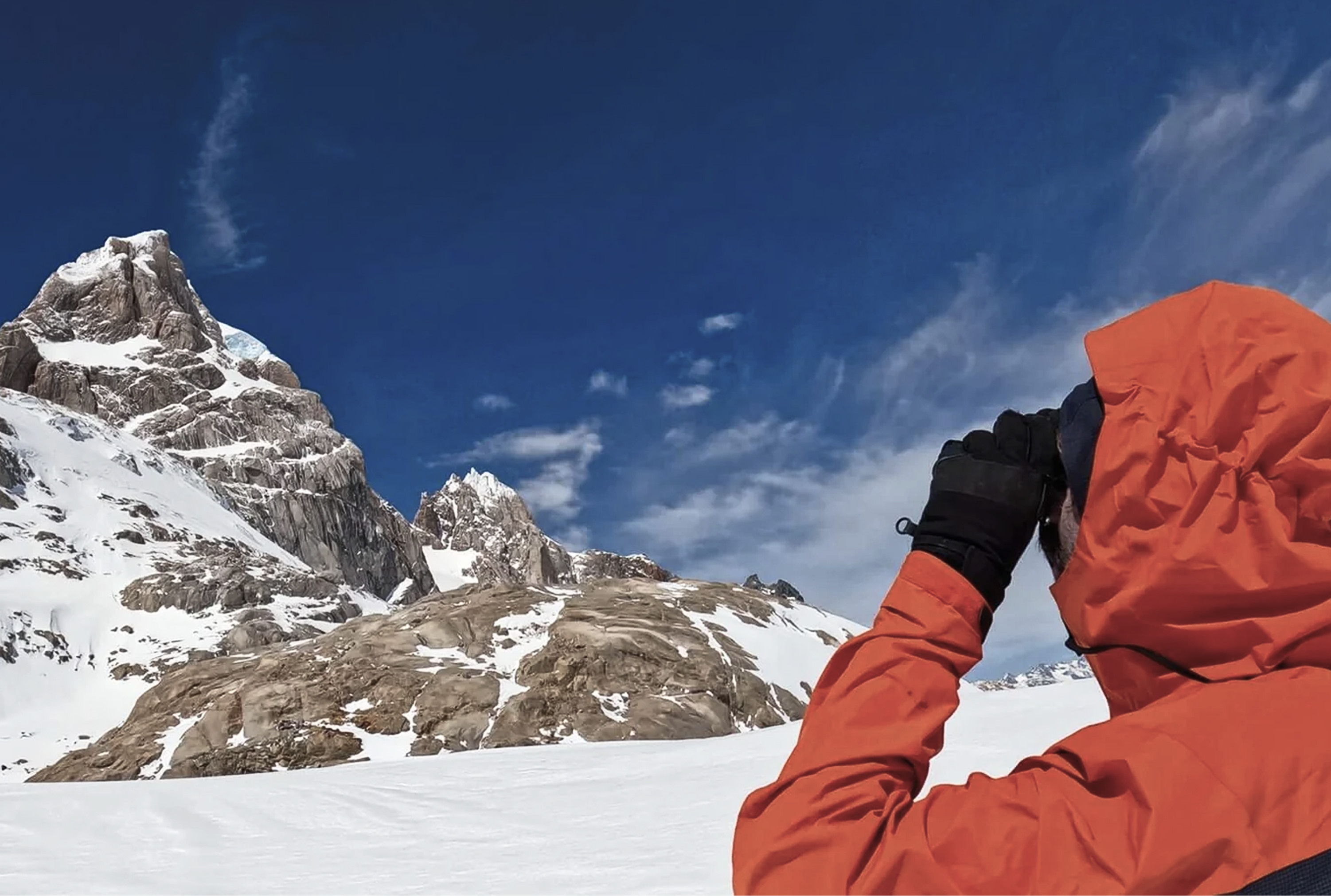 Climber approaching Cerro Nora Oeste in remote Patagonia terrain