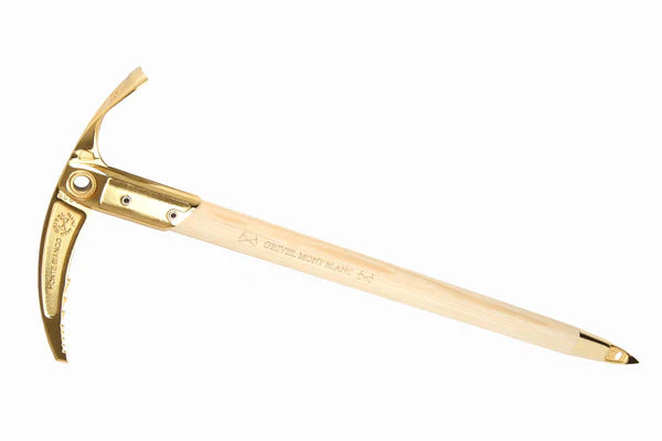 Gold Piolet d’Or ice axe with wooden shaft.