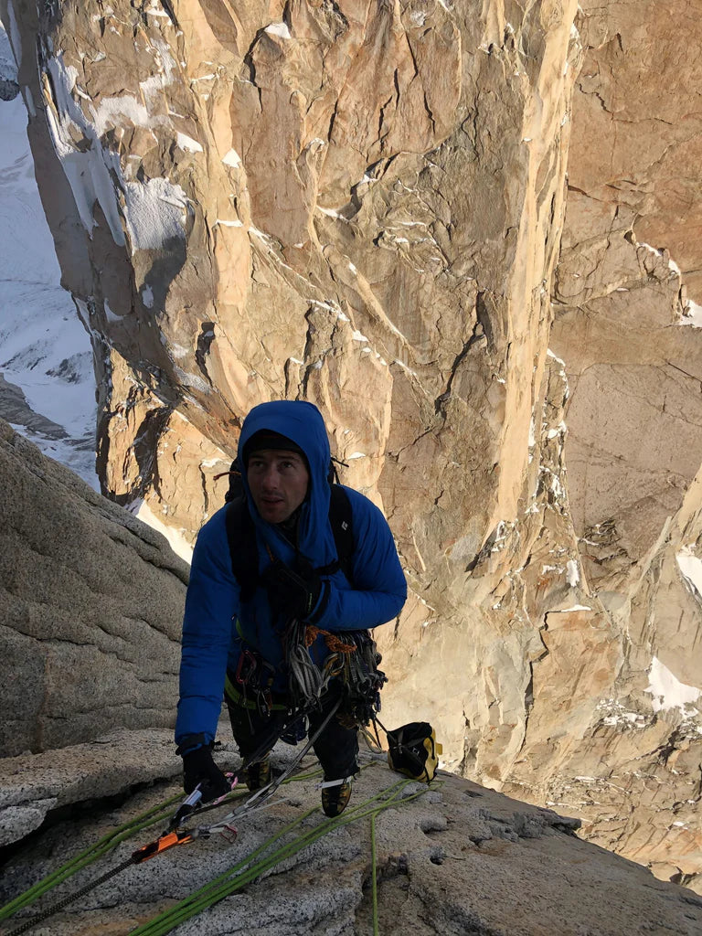 Korra Pesce on the north face of Cerro Torre during the ascent of La Norte