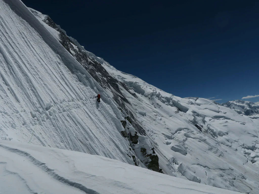 Patrick Wagnon traversing steep snow and ice terrain in the Karakoram.