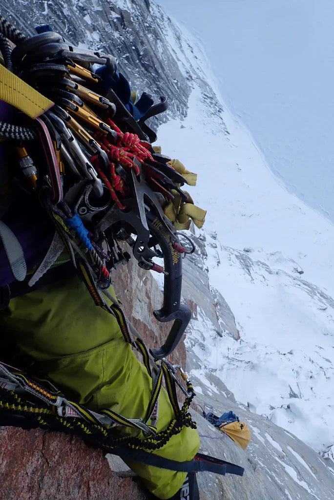 Climbing equipment attached to the harness during the ascent of MikroKozmik Variations
