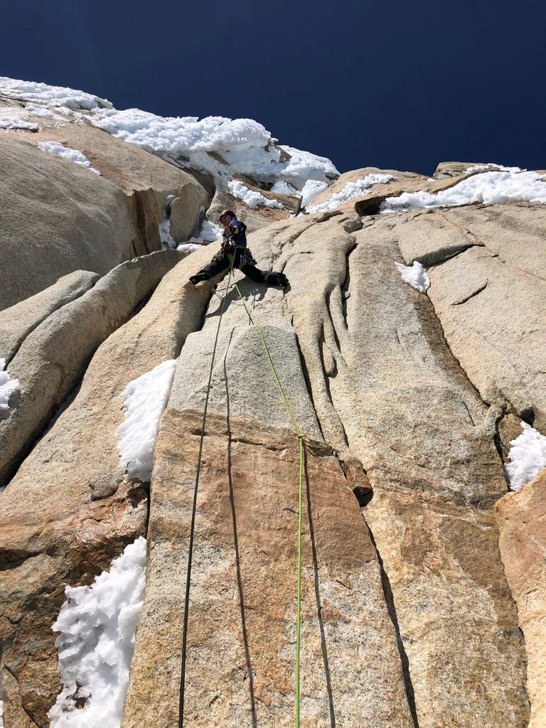 Climber beneath summit mushrooms on Cerro Torre