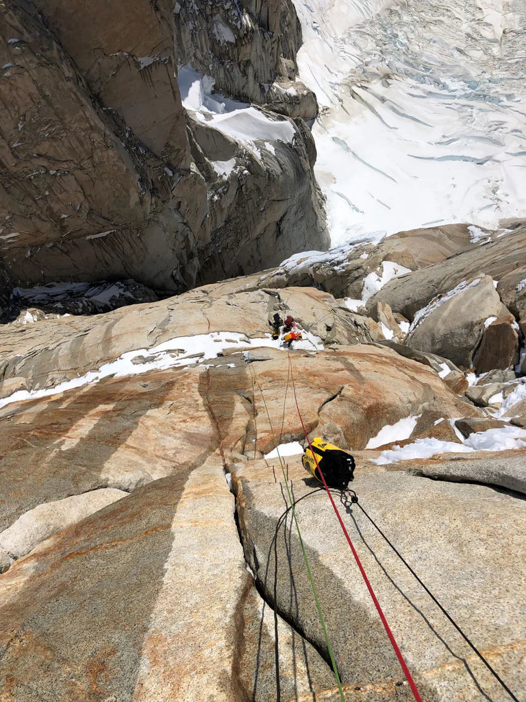 Climbers ascending the North Face during the first ascent of La Norte on Cerro Torre