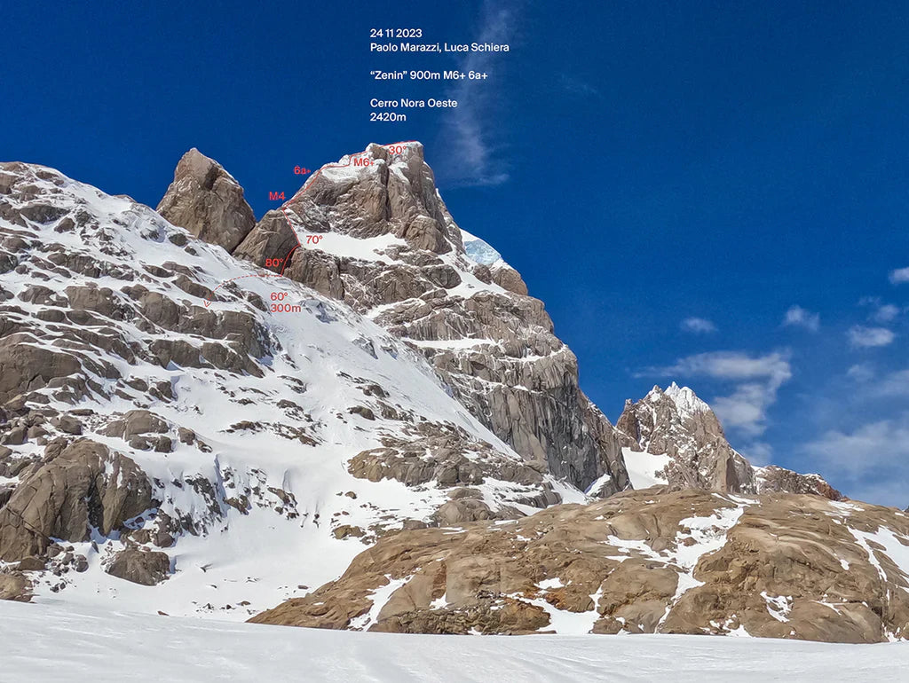 Route overview of Cerro Nora Oeste showing the climbing line