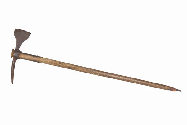 Early wooden shaft ice axe with pick, adze, and metal spike.