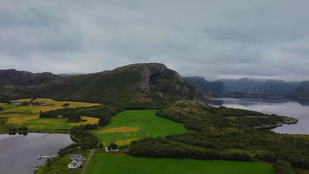 Aerial view of the Flatanger coastline and surrounding Norwegian landscape.