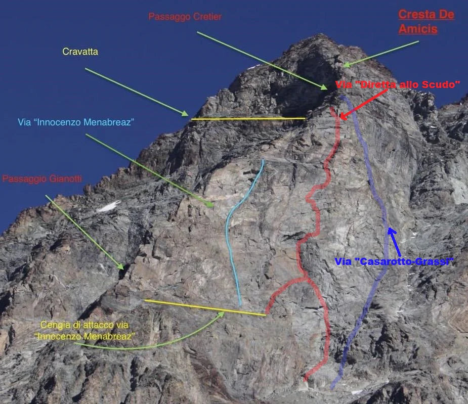 Topographic overview of the Matterhorn south face showing the Scudo del Cervino climbing routes and key sections.