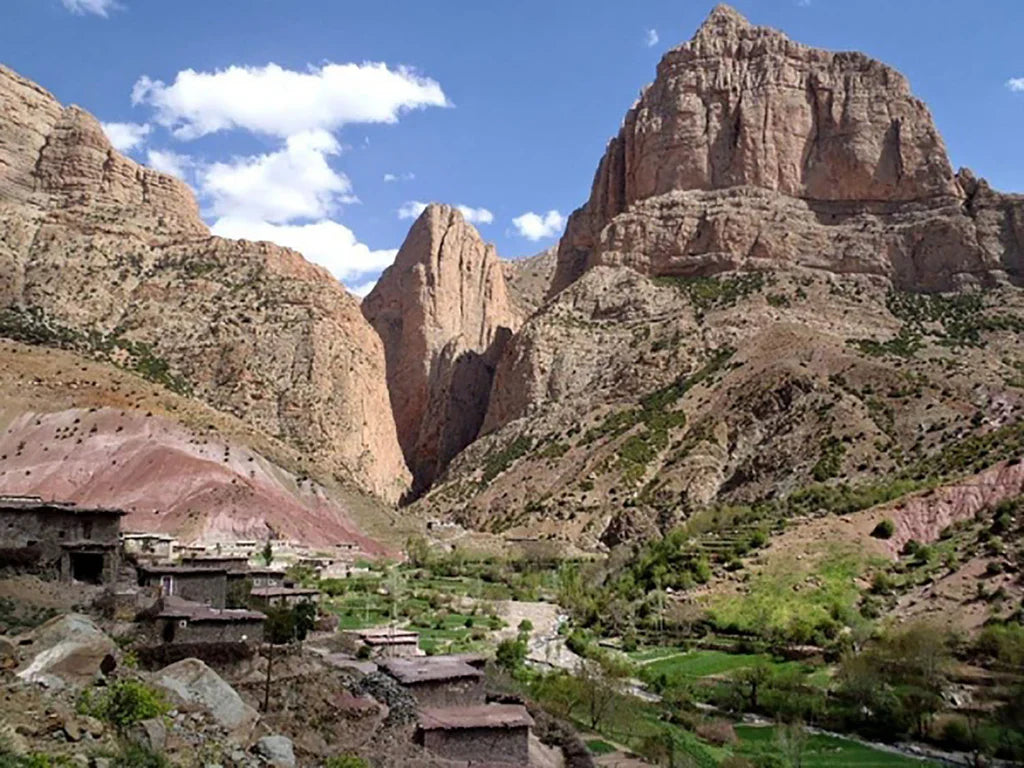 Remote village and limestone walls in Taghia, Morocco.