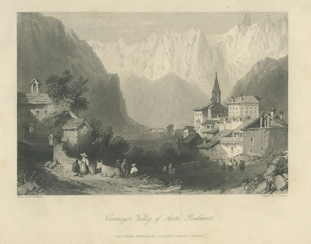 Historic engraving of Courmayeur valley beneath the Mont Blanc massif.