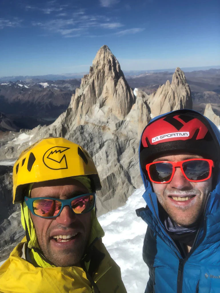 Tomás Roy Aguiló and Korra Pesce and on the summit ridge of Cerro Torre