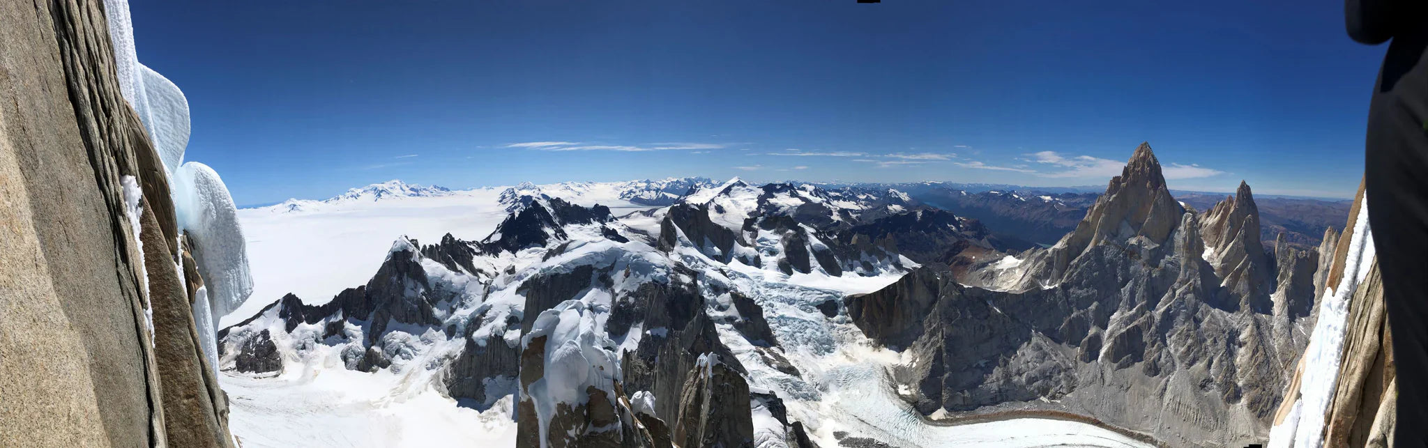 Panorama from Cerro Torre showing Fitz Roy and the Southern Patagonian Ice Field
