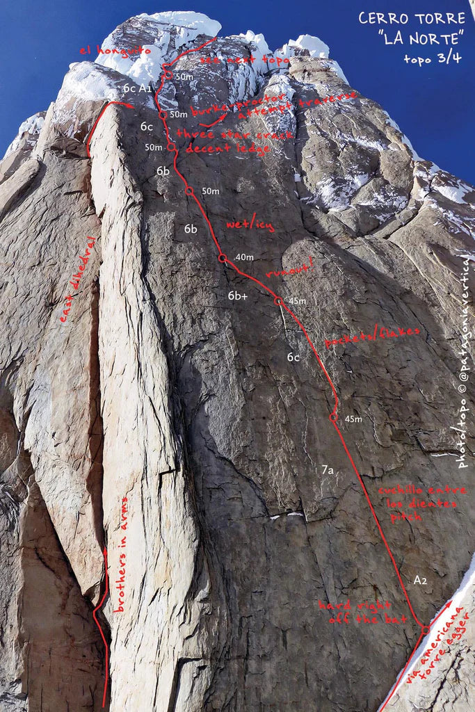 Detailed route topo of La Norte on the north face of Cerro Torre