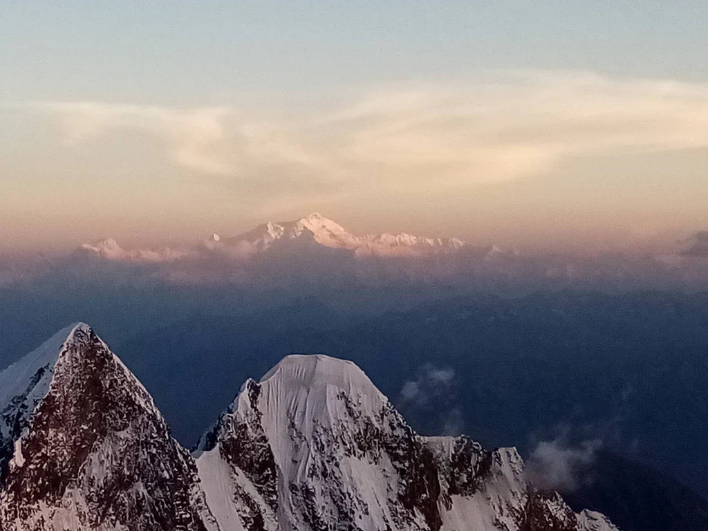 Sunlit Karakoram summit during the Pakistan expedition of Helias Millerioux, Patrick Wagnon, and Yannick Graziani.
