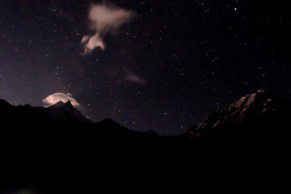 Himalayan mountains under a night sky during the Manaslu expedition.