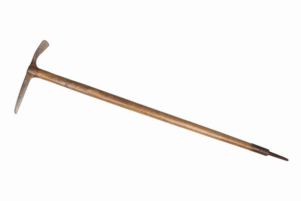 Traditional wooden shaft ice axe with forged steel head.