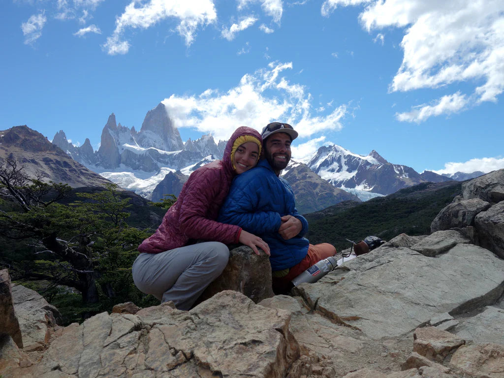 Silvia Loreggian and Stefano Ragazzo in front of the Fitz Roy massif in Patagonia.