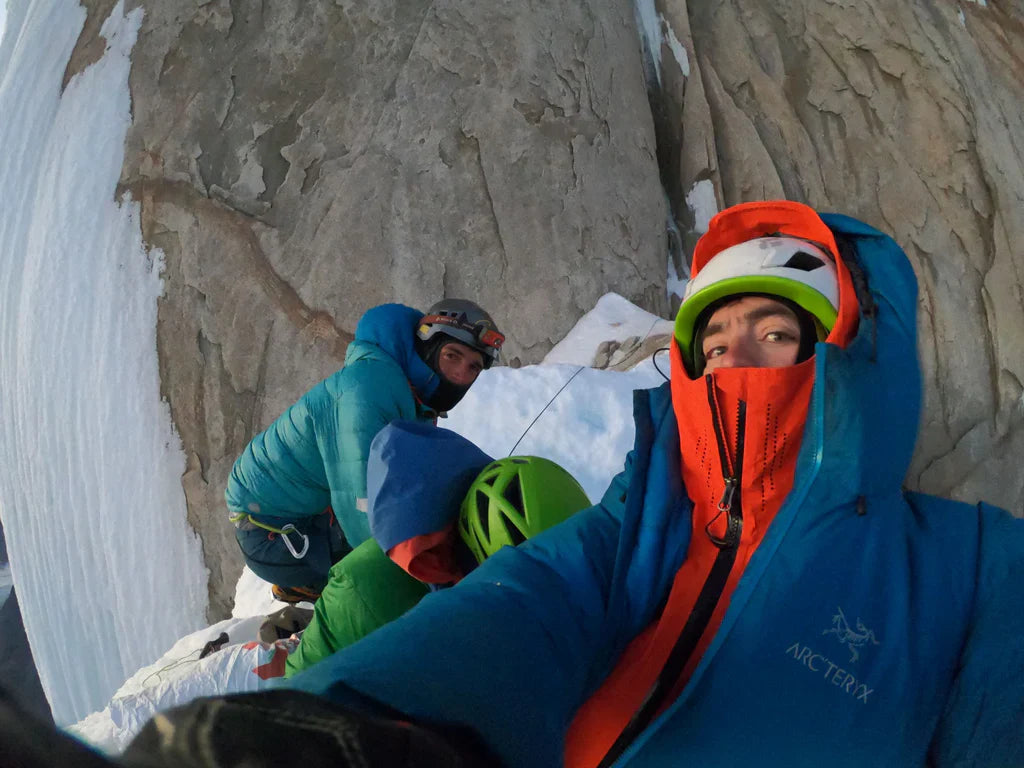 Tomás Aguiló, Jorge Ackermann, and Korra Pesce during a bivouac on Cerro Torre