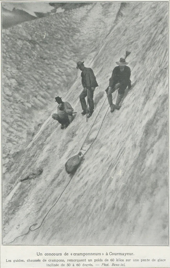 Historic crampon race in Courmayeur demonstrating early Grivel crampons on steep glacier ice.
