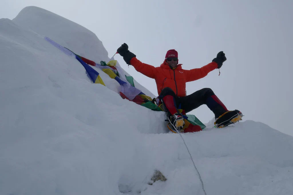 Marco Camandona celebrating on the summit of Manaslu.