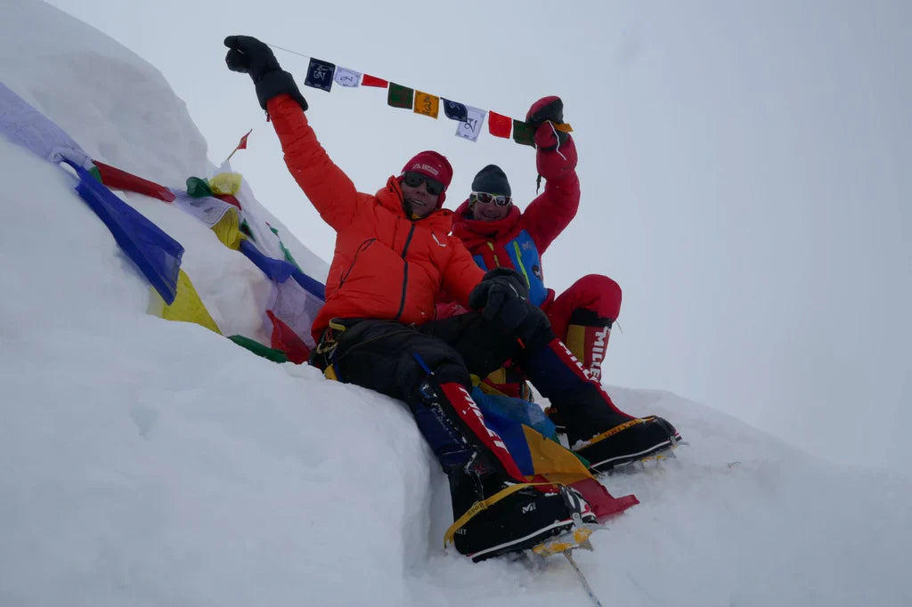 François Cazzanelli and Marco Camandona celebrating on the summit of Manaslu.