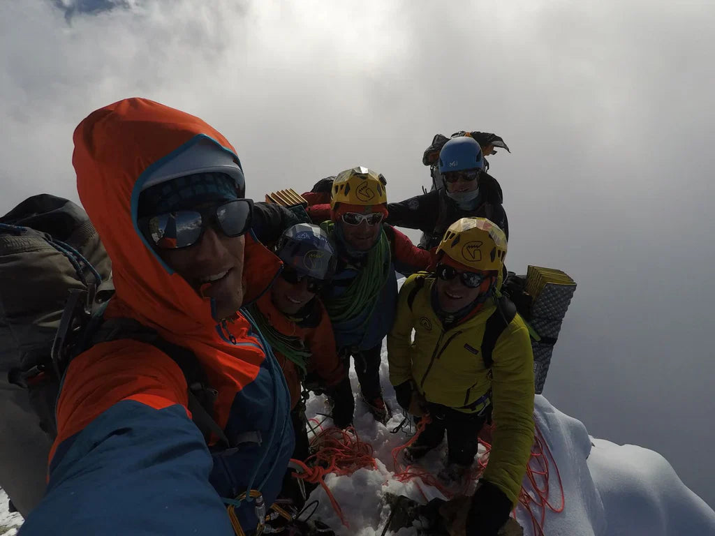 Emrik Favre and team on a snowy ridge during the Pangpoche expedition.