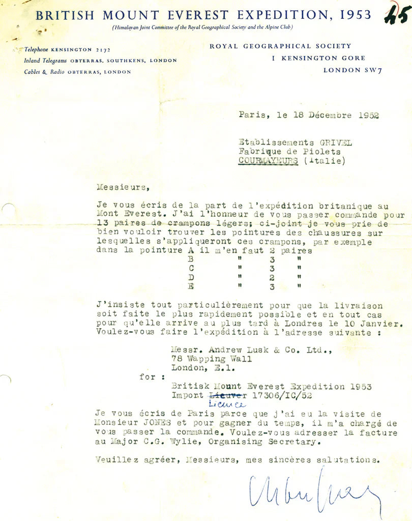 Letter from the 1953 British Everest Expedition discussing Grivel crampons