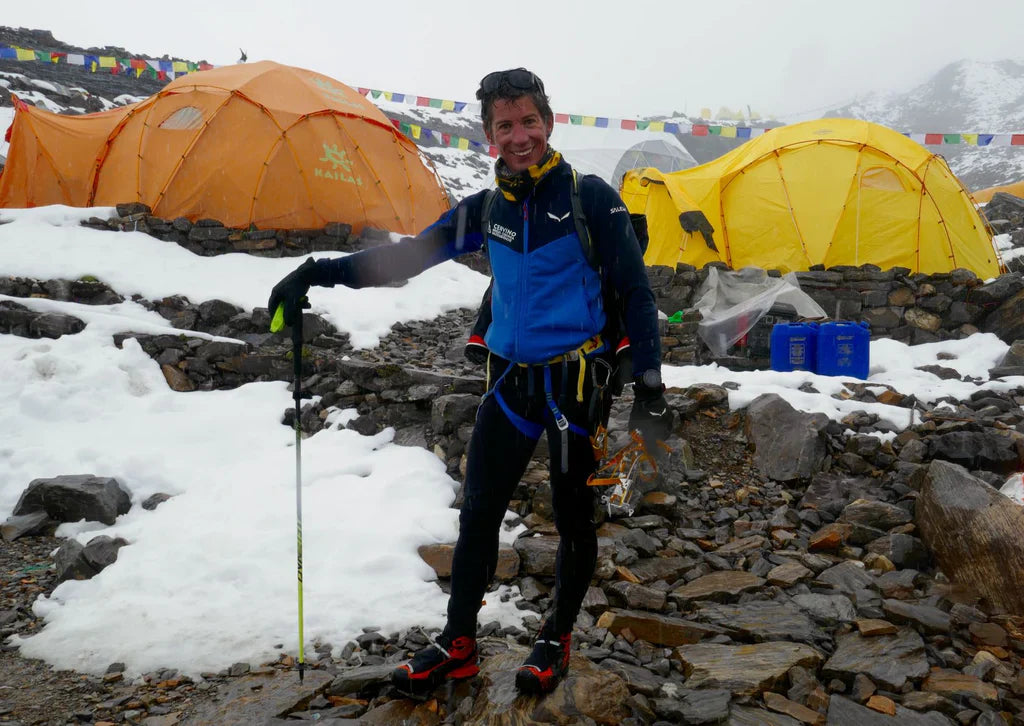François Cazzanelli back at Manaslu base camp after the speed ascent.