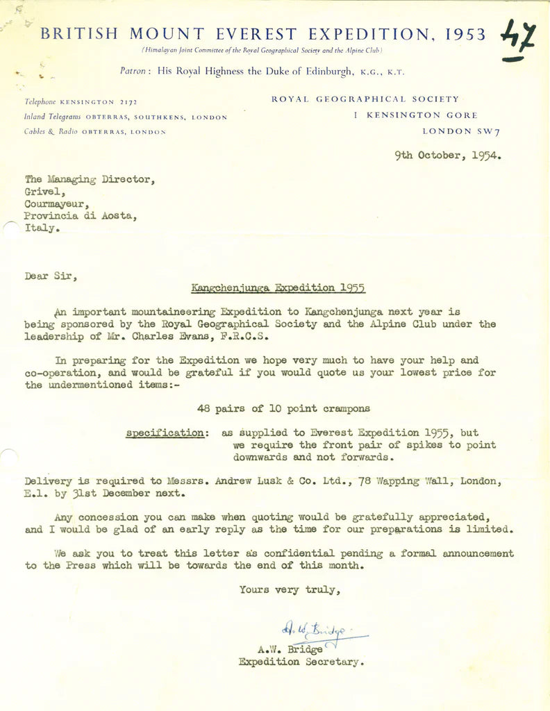 Letter from the 1953 British Everest Expedition discussing Grivel crampons