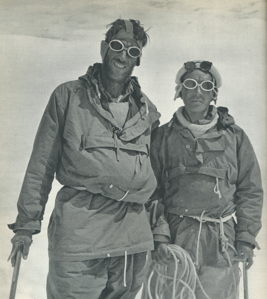 Mountaineers from the 1953 British Everest Expedition wearing glacier goggles