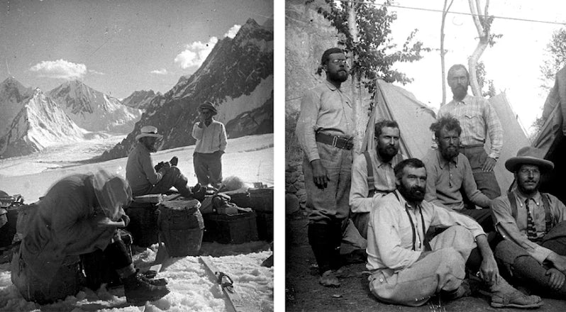 Mountaineering expedition camp beneath high Karakoram peaks during early Himalayan exploration.