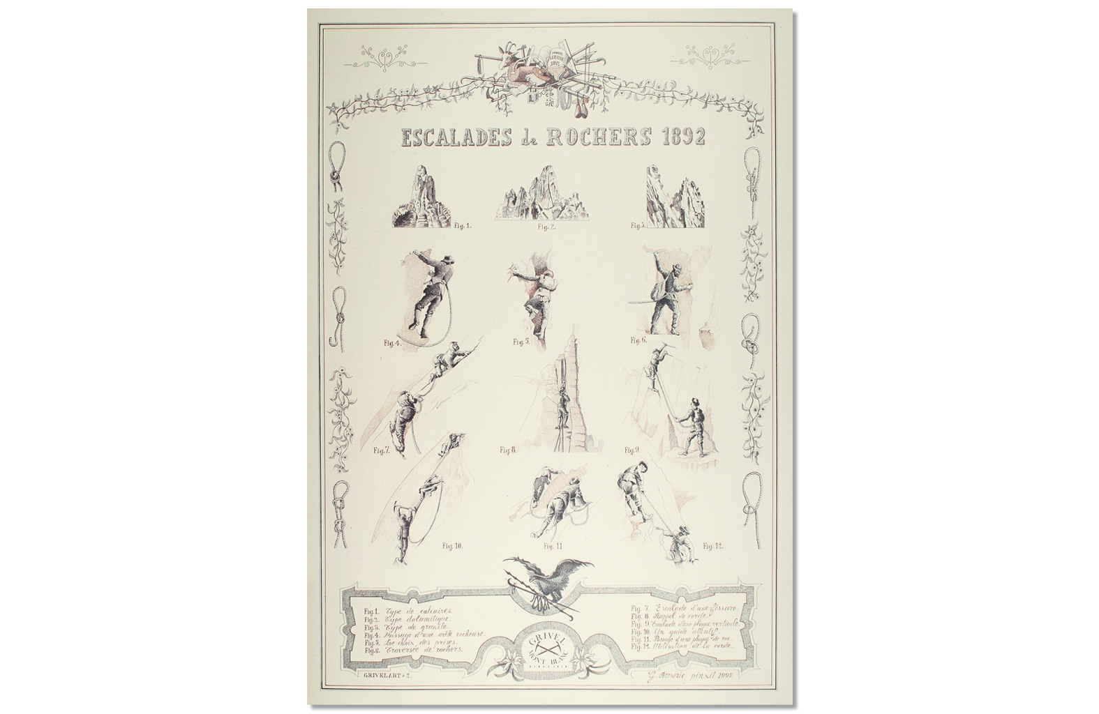 Grivel - Lithographic print: Escalades de Rocher 1892